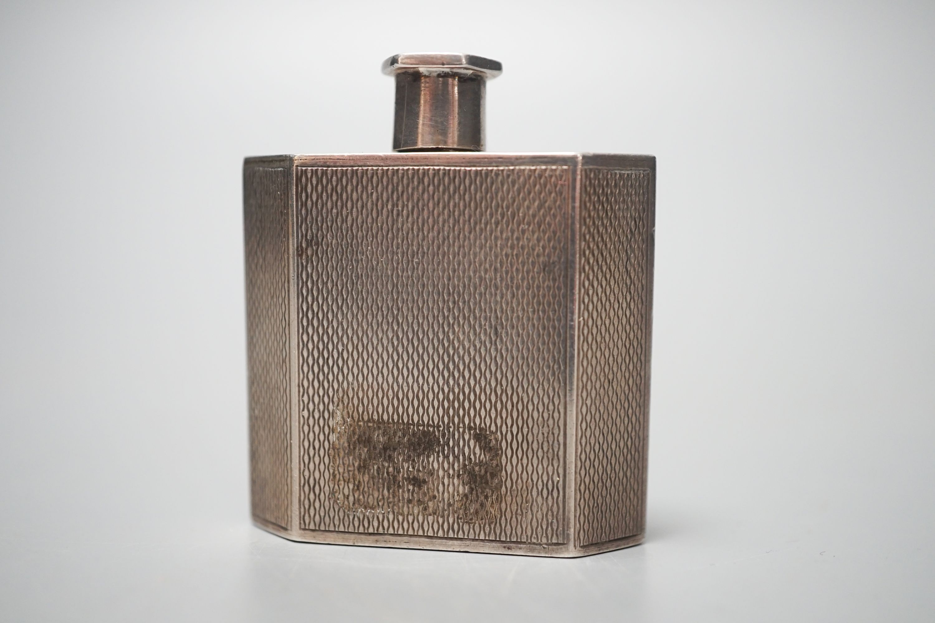 A 1930's silver and green enamel scent flask, by Mappin & Webb, 45mm.